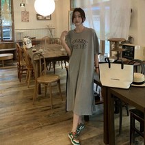 여름 빅사이즈 여성 패션 서양풍 루즈핏 티셔츠 스커트 여 프린트 트임 무릎 위 원피스 여