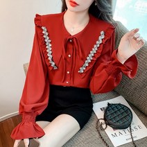 긴소매 상의 페플럼 플랫카라 화이트블라우스 여성 겨울 가을 커프스 상패 구슬장식 큐빅상감 이너 쉬폰 3597437150