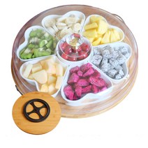 Barnidi 구절판+우드트레이 세트 (복희 회전트레이 나눔접시 월남쌈 구절판그릇 푸드커버 반찬덮개), 화이트 + 커버 + 회전식