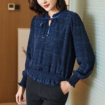 리본 블라우스 타이 스카프 봄 스트라이프 레이스 셔츠 루즈핏 캐주얼 풀오버 여성 오버사이즈