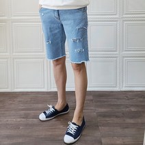 포인트 밴딩 스판 찢어진 컷팅 5부 청반바지(4사이즈)