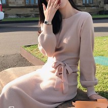 센스빅 니트 퍼프 소매 허리끈 롱 원피스
