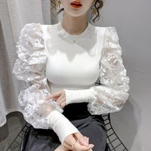 여성 레이스 소매 라운드넥 퍼프 티셔츠 YF0159