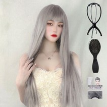 일월전빵 자연스러운 여성 긴생머리 전체 통가발 70cm 가발망+거치대+빗 세트, 애쉬그레이