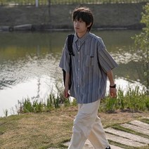 여름 일본 복고풍 스트라이프 반팔 셔츠 조수 브랜드 느슨한 캐주얼 학생 복고풍 셔츠