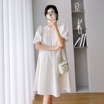 고품격 프렌치룩 임산부 원피스 여름복 작은 키 자수 수술 칼라 반팔 시크 볼륨 스커트