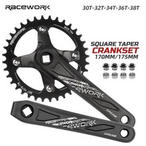 자전거크랭크 픽시크랭크 크랭크암 Racework 자전거 크랭크 104bcd 산악 자전거 스퀘어 홀 크랭크 알루미늄 합금 크랭크 170175mm 블랙 30t 32t 34t 36t, 175mm, 38톤