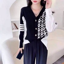 토미 루즈핏 브이넥 체크 금장 버튼 배색 셔츠 가디건