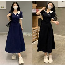 박시 아메리칸 여름 빈티지 골프 셔츠 테니스 넥 조임 허리 날씬해 보이는 원피스 롱스커트