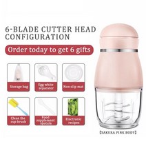 스파이럴 믹서 생크림 영업용 믹서기 300ml 다기능 푸드 프로세서 전기 고기 분쇄기, 핑크-6 커터 헤드, 유럽 ​​연합