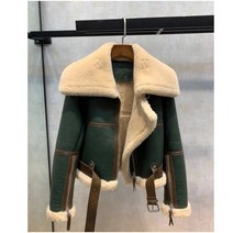 모피와 두꺼운 짧은 코트 여성 겨울그린 스티치 큰 라펠 양털가죽자켓