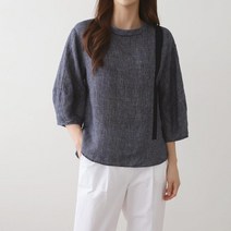 옷자락 여자 린넨 퍼프 7부 반팔 베이직 깅엄 체크 블라우스