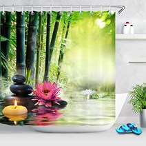 LB SPA Bamboo Lotus Shower Curtain Asian Japanese Oriental Zen Stone Meditation Flower Shower Curtai, 1, 기타