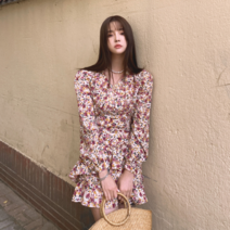 [이꾸띠] 오보레류 여성 봄 가을 브이넥 쉬폰 플라워 캉캉 캐주얼 원피스