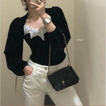 알리팡(Alipang) 여성 봄 가을 블라우스 여성스러운 퍼프소매 부팡슬리브 깁슨블라우스 레이스네크라인 레이스블라우스 파인블라우스 벨벳블라우스
