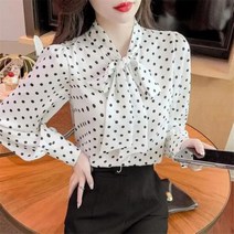 리본 타이 블라우스 스카프 나비 넥타이 여성 셔츠 폴카 도트 쉬폰 긴팔