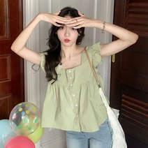 코튼 면 프릴 민소매 나시 A라인 여름 블라우스 보세 샤랄라 카라없는 아사면 SY