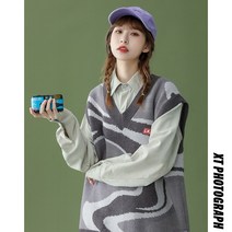니트조끼베스트 여성 디자인감각 학원 무드 봄가을 홀치기염색 겹겹이 입기 VINTAGE 옛적 하고 있다 2682080571