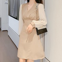 드레스날다 코코아 쉬폰배색 브이넥 핀턱 원피스(mops1330)