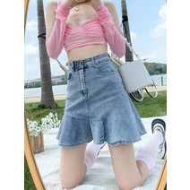 여성 하이웨이스트 빈티지 데님 피쉬테일 미니 청치마 스커트 빅사이즈 연청