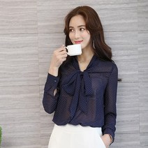 여성용 여성블라우스 여성리본셔츠 봄 여름 여성복 리본 벨트 블라우스 롱 슬리브 포인트