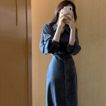 ZAZX 티타임 프렌치 앤티크 원피스 2021 봄가을 키 작은 하프 기장 허리 업스타일 스커트W1102