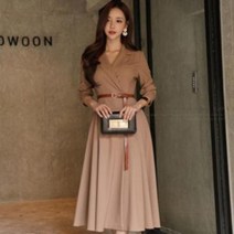 수입 여성 봄 가을 벨티드 롱 원피스 결혼식 여름 하객룩 피로연 옷차림 여자 웨딩촬영 키작녀 자켓 투피스 5505050750
