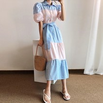 요시아나 [당일발송] 소녀감성 리플 블루핑크 퍼프소매 롱 원피스