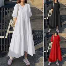 여성 캐주얼 홀리데이 짧은 퍼프 슬리브 O-넥 솔리드 컬러 맥시 드레스 롱원피스