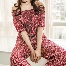여자 꽃무늬 밴딩 오프숄더 점프수트 원피스
