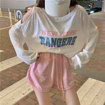 오픈숄더긴팔티 티셔츠 와이드 루즈핏 얇은 화이트 긴소매 상의 디자인감각 오프숄더 어깨트임 레쉬 여성의류 2588242022