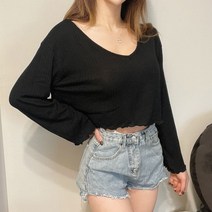 VANANA2 국내제작 루즈핏 크롭 브이넥 긴팔 니트
