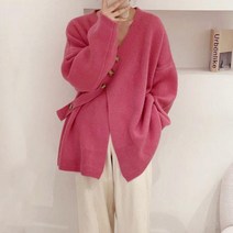8COL 여자 루즈핏 브이넥 언발 트임 절개 봄 가디건 핑크 블랙 초록색 레드 블루 하늘색 크림색