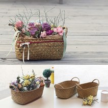 타원형 핸들 해초 바구니 꽃바구니재료 라탄트레이 왕골바구니 왕골바구니 손잡이라탄바구니 꽃바구니재료 라, SS