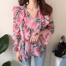 쉬블림로브 러플 스트랩 플라워 패턴 플레어 브이넥 블라우스_몽샹스 1101