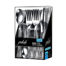 플라스틱 식기 세트 - 칼붙이 100개 생일 파티 용품 케이터링 결혼식을 위한 우아한 칼 티스푼 포크 및 스푼 헤비 듀티 일회용 콤보, 100 카운트, 은