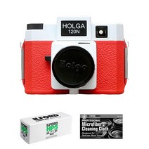 Holga 120N 미디엄 포맷 필름 카메라 (블랙) 코닥 TX 120 번들 및 극세사 천 4451280568, Red/White