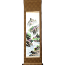 한국 산수 봄 CC (족자 괘축 동양화 한국화 산수화 풍속화 수묵화 풍수화 풍경화 친필그림), 갈색 (다이아몬드 무늬)