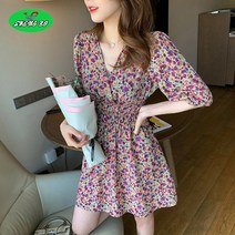 SHENGBO여성 브이넥 슬림 플리츠 플라워 미니 원피스