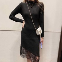 넥라운드 레이스 스커트 사선 골지 원피스 예쁜 쇼핑몰 정장 하객 오피스룩 편한 블랙 청순 청순한