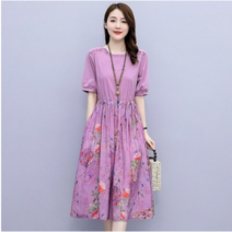 Ogfaour코튼 린넨 드레스 중간 길이 2021 여름 새로운 스타일의 여성 허리 슬리밍 꽃 반팔 린넨 여름 스커트