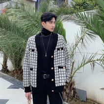 로한 체크 남자 트위드 자켓 V넥 루즈 금장 단추 가디건