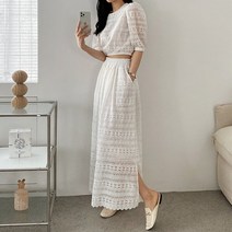 러블리 레이스 크롭티 플레어 스커트 투피스셋업 여성 코디 세트