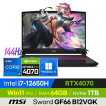 [사은품 증정!] MSI Sword GF66 B12VGK 배그 롤 로아 오버워치 발로란트 에이펙스 고사양 15인치 게이밍 노트북 (코어i7-12650H/RTX4070), 윈도우 포함, 64GB, 1TB, 코어i7, 블랙