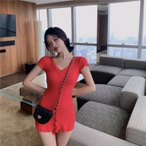 여름캐주얼원피스 쉬폰원피스 미니원피스 여성용 짧은 소매 드레스 슬림 v넥 버튼 미니 솔리드 여름 최신