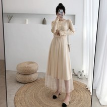 꽃소담 Black dress ZYZC11519 슈퍼 요정 기질 니트 드레스 여성용 긴팔 허리 슬림베이스 2021 가을과 겨울 패딩 무릎 롱 스커트