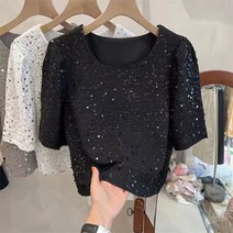 urkoteer 쉬폰 스팽글 퍼프소매 티셔츠 여성 라운드 반팔 상의 nx-679