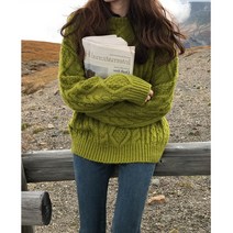 빅사이즈 올리브색 그린색 초록색 라운드 넥 풀오버 스웨터 여성 느슨한 겉옷