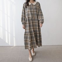 빅걸스토리 여성용 빅사이즈 앤드 카라 반오픈 체크 롱 원피스