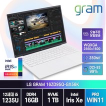 [한컴오피스 / 무선마우스증정 ] LG전자 그램16 16ZD95Q-GX56K 16인치 노트북, 16ZD95Q, WIN11 Pro, 16GB, 1TB, 코어i5, 화이트
